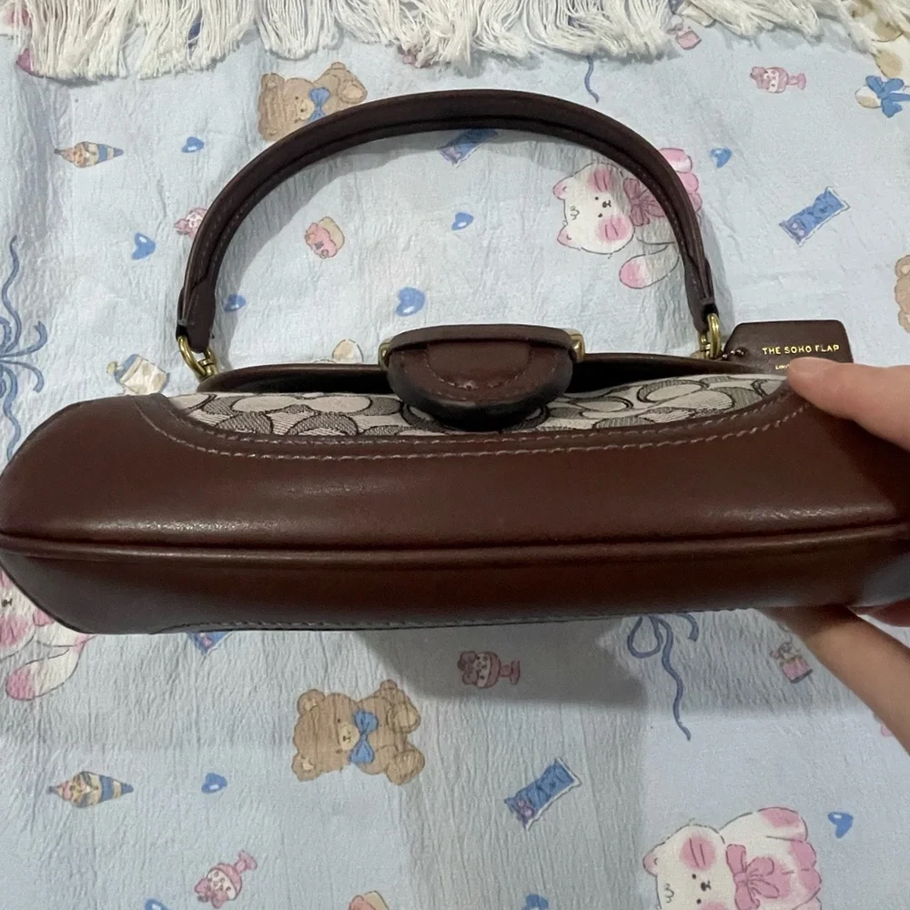 Coach Brown Logo Canvas and Leather Shoulder Bag with Gold Hardware